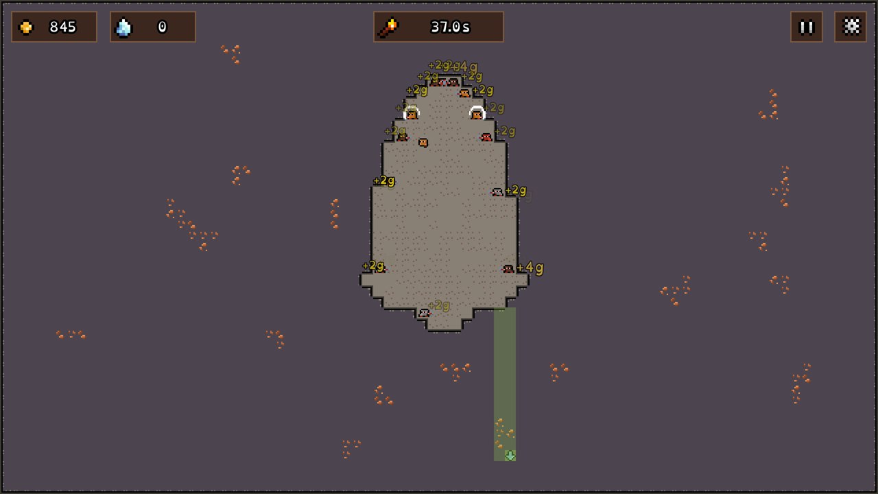 Mining expedition in King in the Mountain with a green priority path marked through the rock.